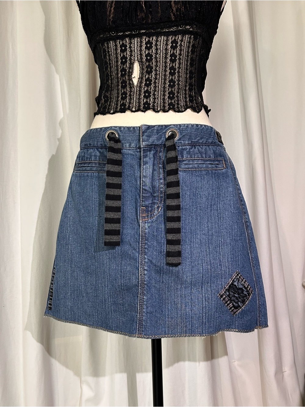 One of One Denim Mini Skirt with Patchwork Star Details